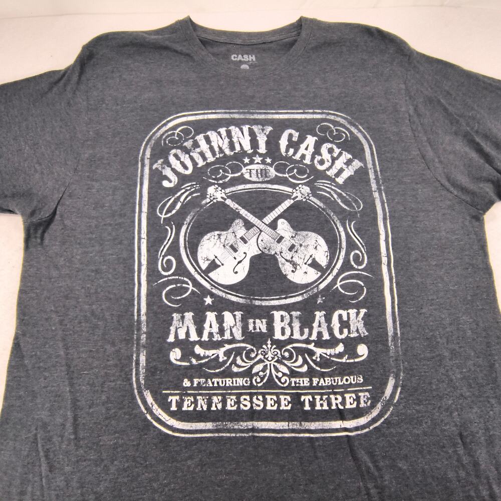 Johnny Cash Man In Black Band Crew Neck Short Sleeve Shirt Mens Size 2XL Gray